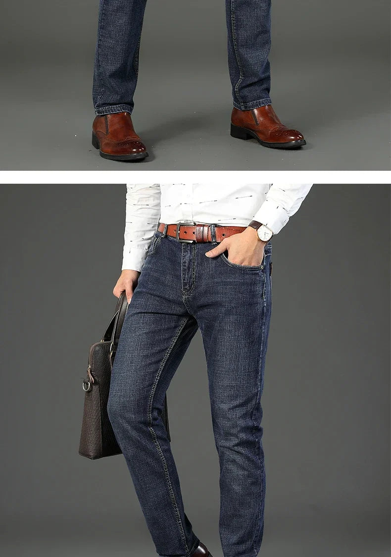 2024  Straight Regular Blue Stretch Denim Trousers Spring Autumn Men Classic Jeans Business Fashion Men's Smart Jeans
