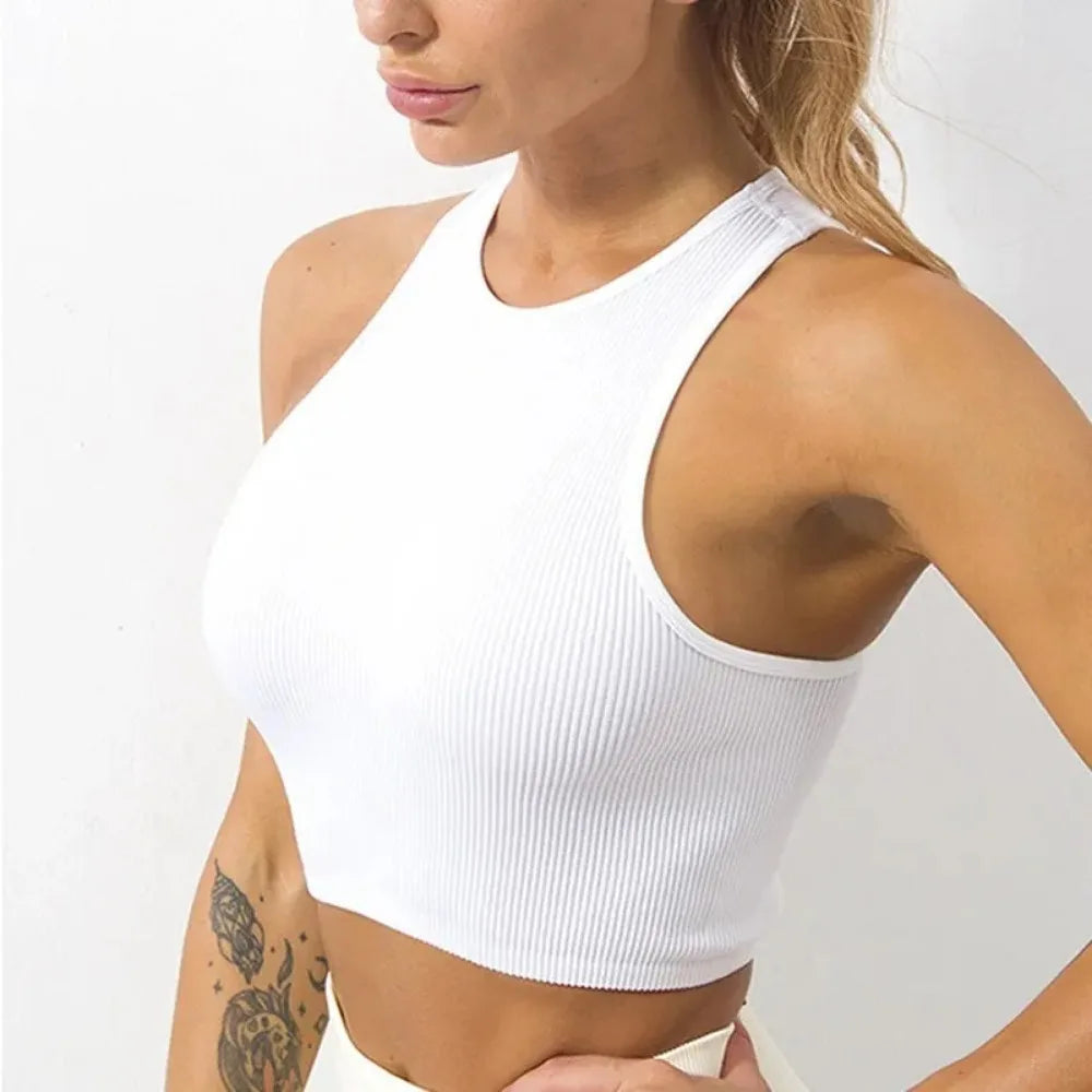 Yoga vest - Women's gym wear - Black and white striped design - Short-sleeved top - Seamless construction - Streetwear