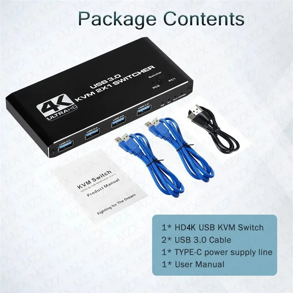 MZX 2-In-1-Out KVM Switch 4K 60Hz HDMI-compatible USB 3.0 Hub Switcher Docking Station Dock Computers PC Share Keyboard Printer