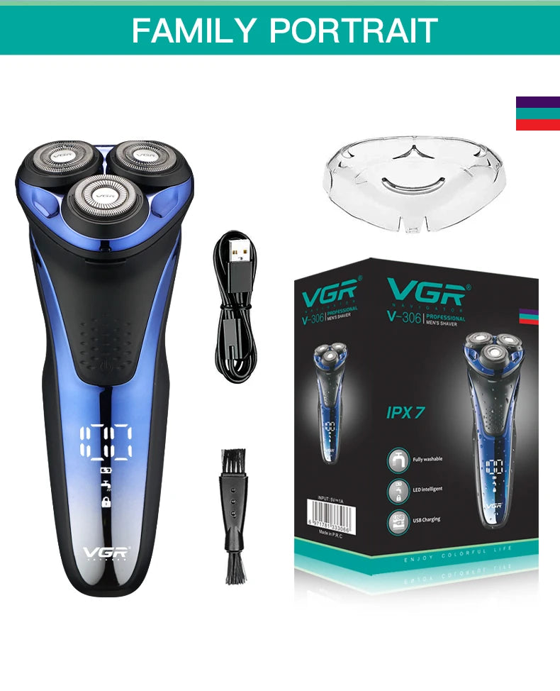VGR Electric Shaver Professional Razor Waterproof Beard Trimmer Rotary 3D Floating Shaving Rechargeable Electric for Men V-306