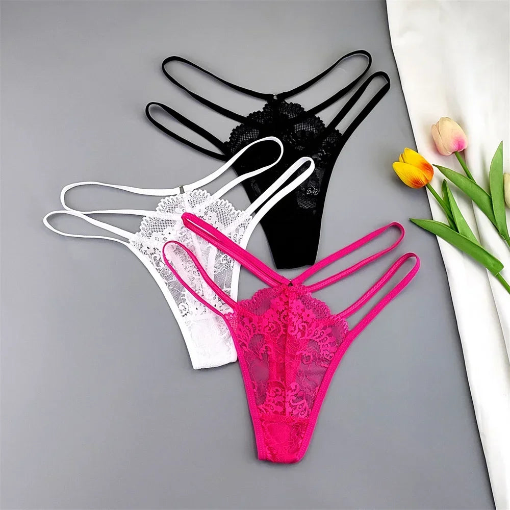 3 Pcs Lace Thin Strap Thong Women Low Waist Sexy Perspective Underwear Ladies Transparent G-string Panty Plus Size T-back Secondary image