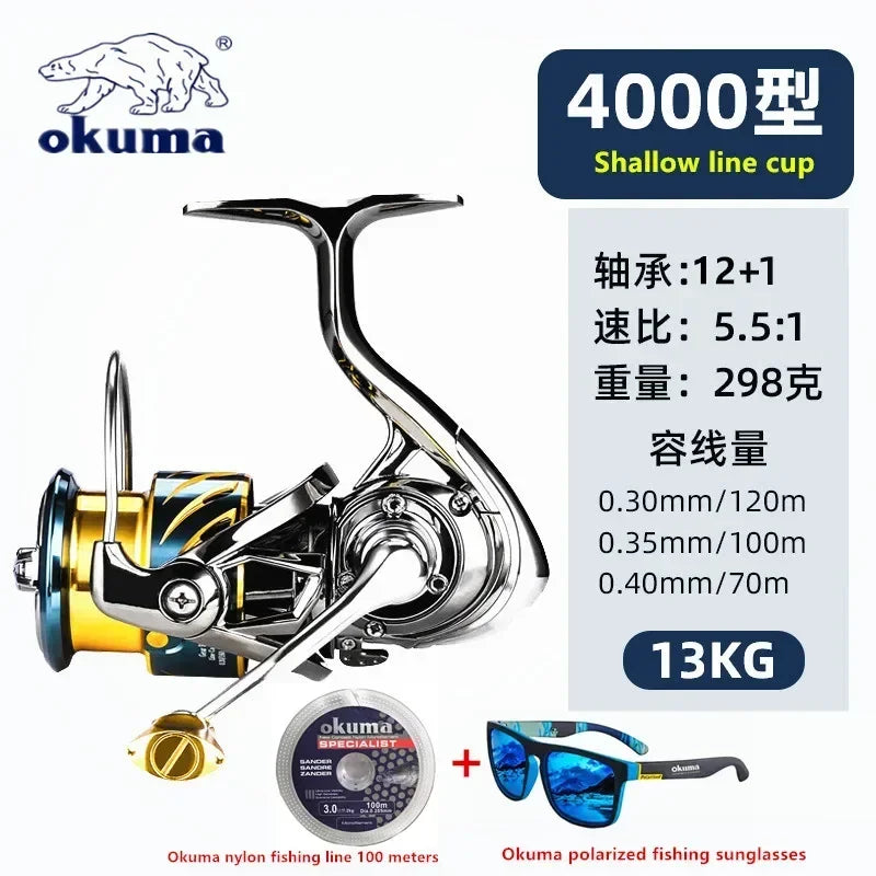 Okuma All Metal Fishing Reel Shallow Line Cup 15KG Anti Seawater Corrosion Rotating Reel 1000-5000