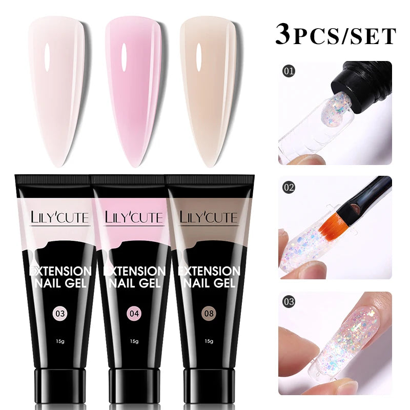 LILYCUTE 15ml Extension Gel Nail Polish Set Quick Nail Prolong With Extend Mold Nail Tips Acrylic Solution Manicure Tools Kit