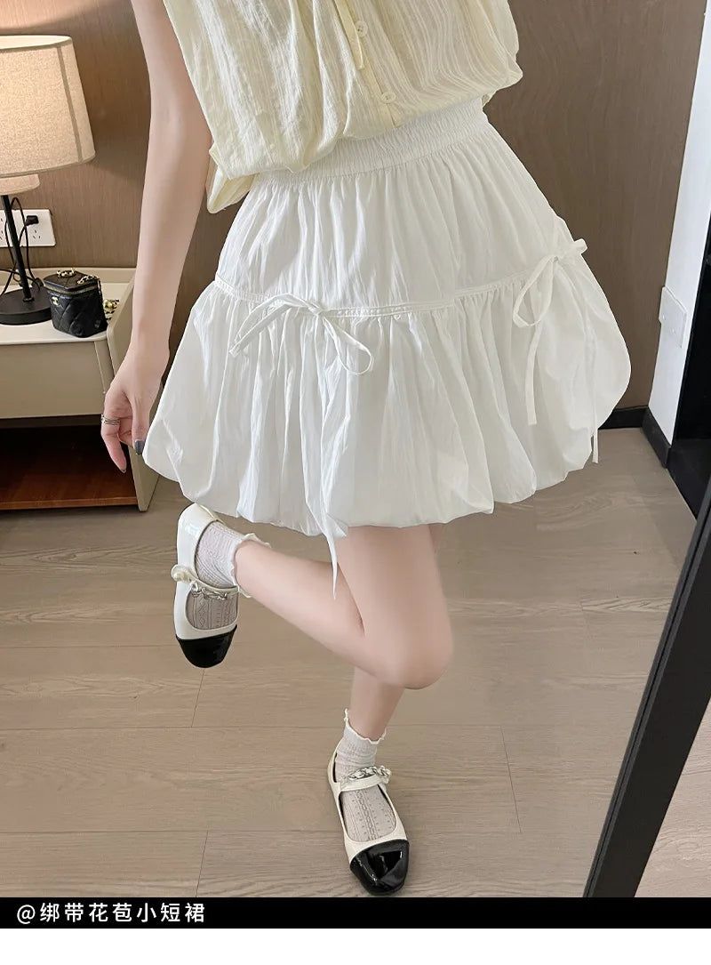 Sweet Bow Pleated Fluffy Skirts for Women Summer Korean Style Elastic Waist Lantern Skirt Woman Loose White A-Line Short Skirts