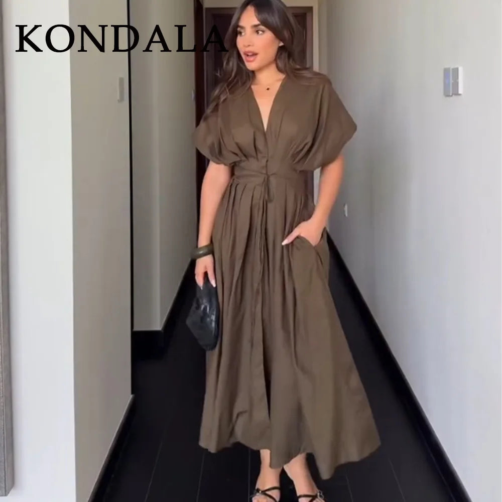 KONDALA 2026 Spring Summer Vintage Women Dress Fashion Single Breasted Sashes Draped V Neck Sleeveless Chic Brown Ladies Dresses Image secondaire du produit