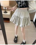 Sweet Bow Pleated Fluffy Skirts for Women Summer Korean Style Elastic Waist Lantern Skirt Woman Loose White A-Line Short Skirts