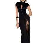 Black High Slit Dresses Half Turtleneck Zipper Slim Hip-Wrapped Long skirt Sexy Hot Girl Nightclub Dress For Women Streetwear