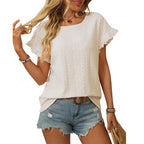 Solid Casual Loose Blouses For Women Fashion 2025 Summer Women's Hollow Short Sleeve Shirts And Blouses Elegant Female Blue Tops