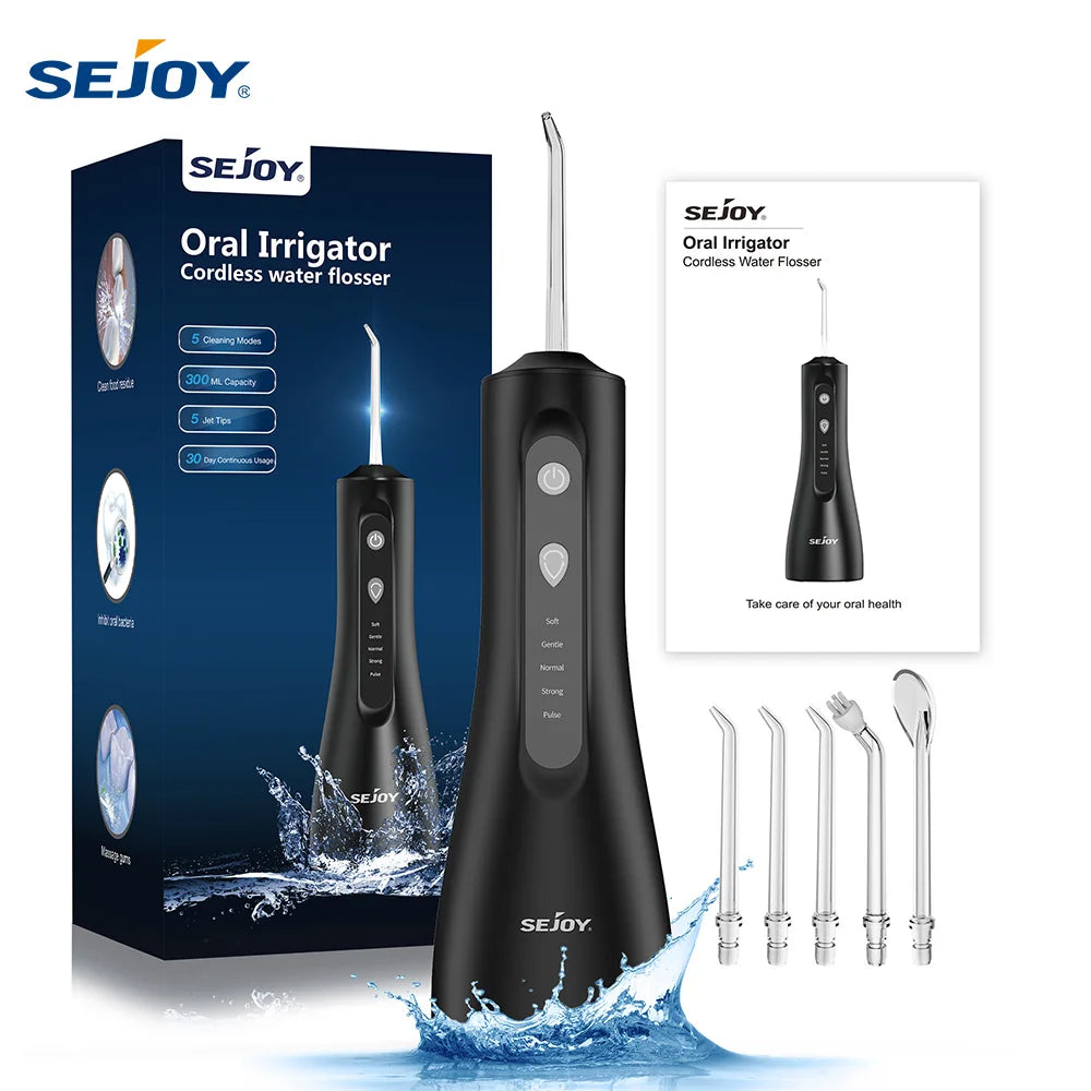 Sejoy Electric Water Flossers Oral Irrigator Rechargeable Portable Dental 5 Modes Water Tank Teeth 300ML Waterproof Cleaner Main image