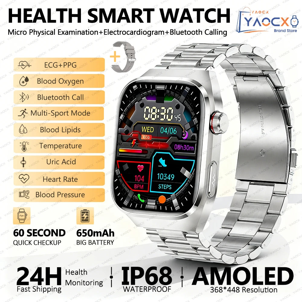 2026 New Nursing Grade Uric acid Blood lipids Smart Watch Men ECG+PPG Blood Pressure Heart Rate Bluetooth Call Health Smartwatch