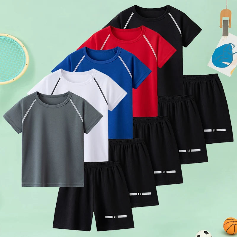 2piece summer children's multi-color sports casual short sleeved shorts set boys and girls simple T-shirt black breathable short Image principale du produit