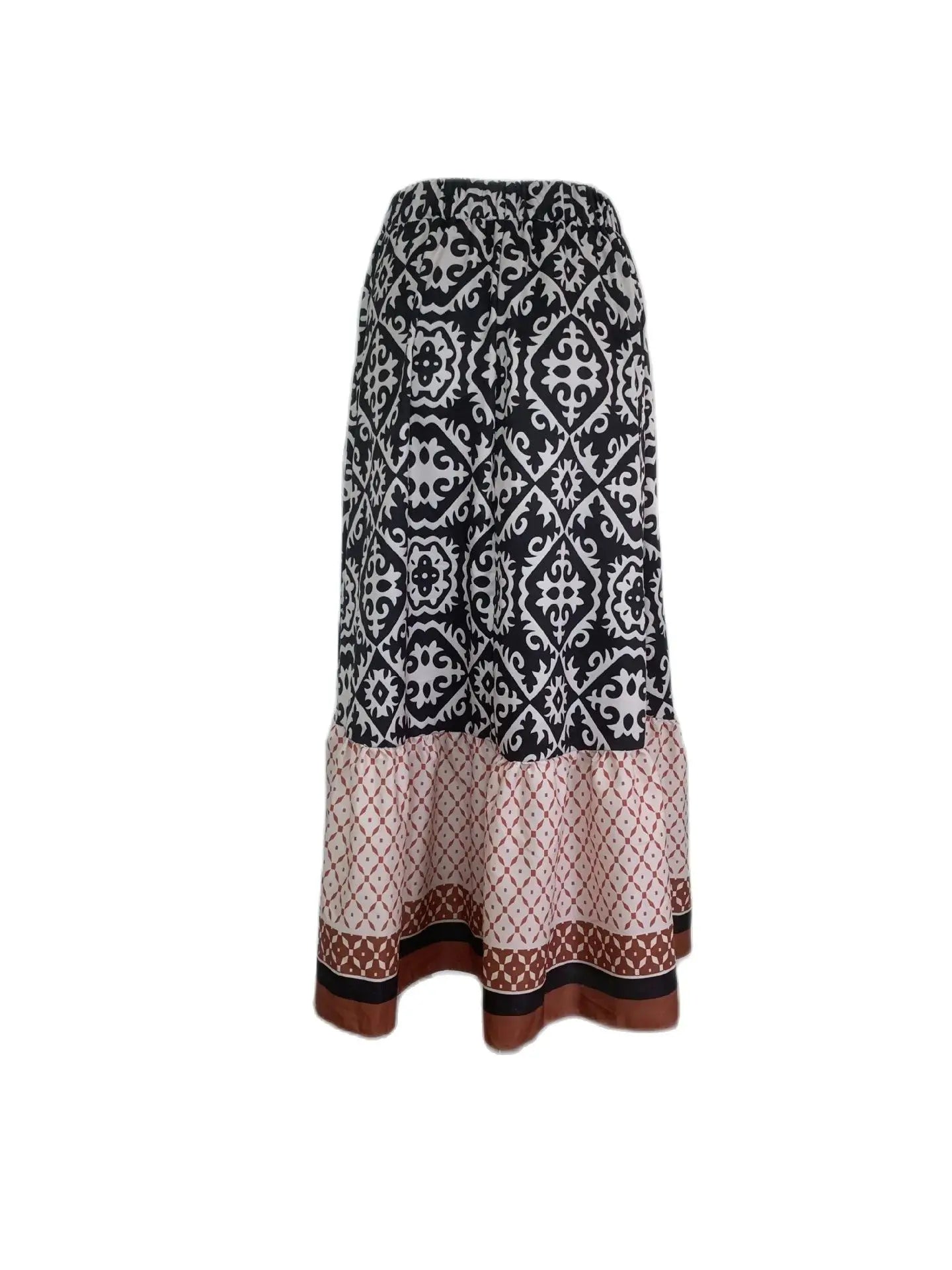 Women's Elastic Waist Printed Large Swing Skirt, Boho Spliced Midi Skirt, Suitable for Beach and Daily Wear