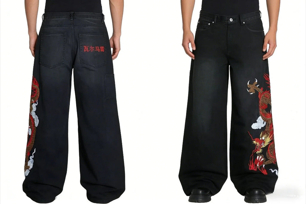 Y2K Black Washed Embroidered High-waisted Oversized Jeans Men European and American Retro Classic Loose Wide-leg Straight Pants