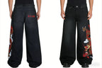 Y2K Black Washed Embroidered High-waisted Oversized Jeans Men European and American Retro Classic Loose Wide-leg Straight Pants