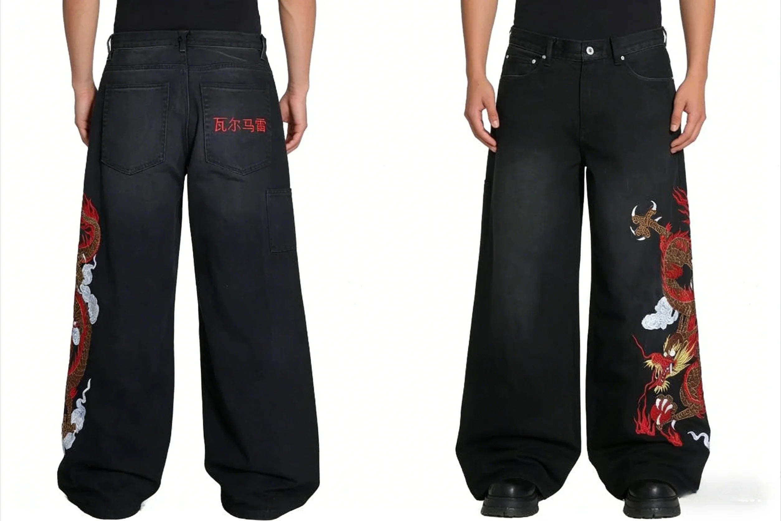 Y2K Black Washed Embroidered High-waisted Oversized Jeans Men European and American Retro Classic Loose Wide-leg Straight Pants