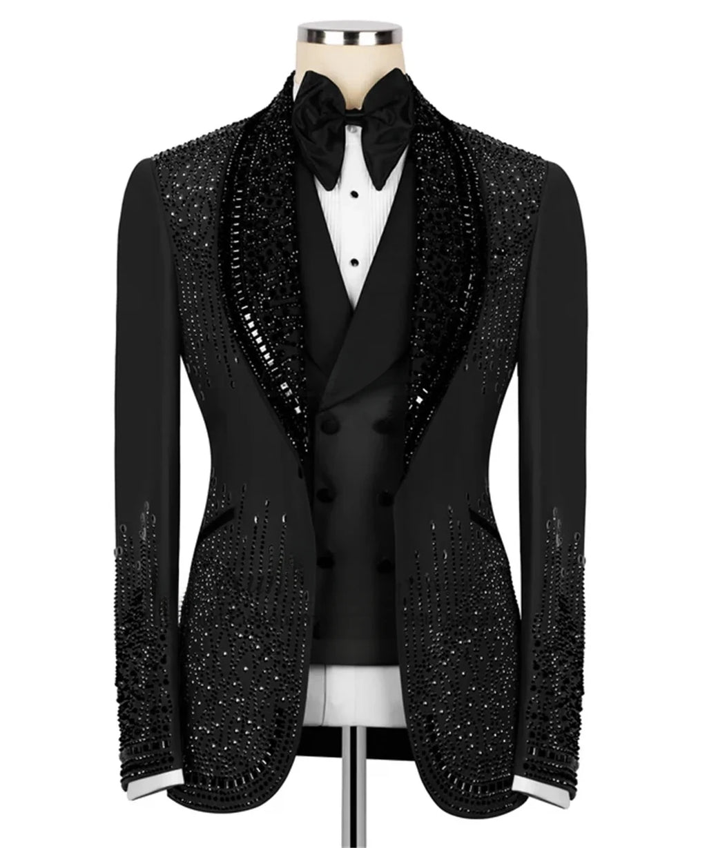 Luxury Costume Men Suit 2 Piece Sets Rhinestones Crystals Shawl Lapel Custom Wedding Slim Fit Tuxedos Blazer For Groom