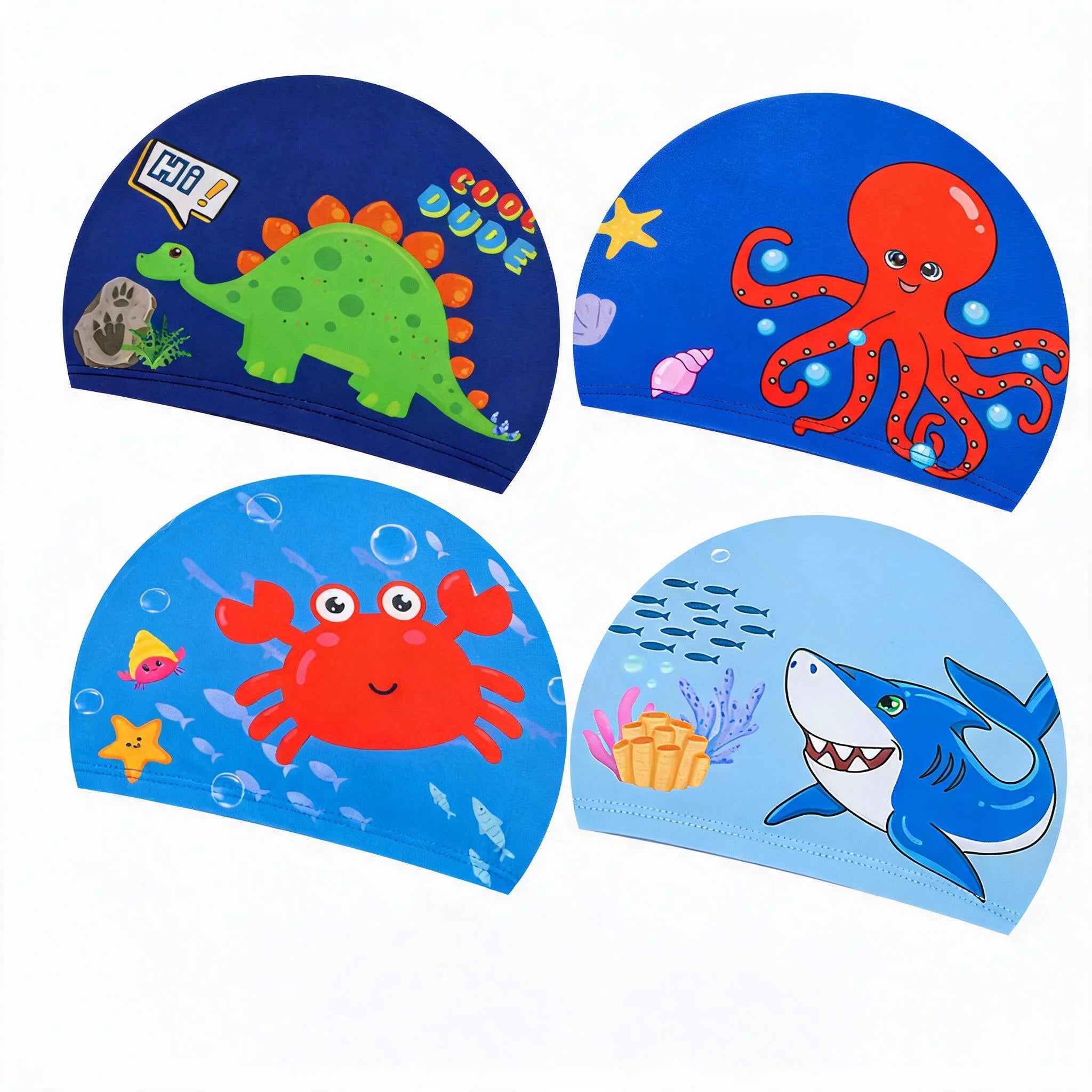 Kids Cartoon Animal Swim Cap 4Pcs/Set Quick Dry Polyester Nylon Elastic Bathing Hats for Boys Girls Image principale du produit