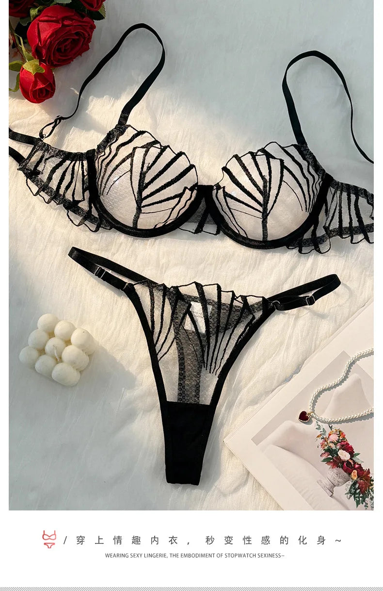 Black Lace Lingerie Set – Sheer Eyelash Mesh Push-Up Bra and Panty with Triangle Cup Design