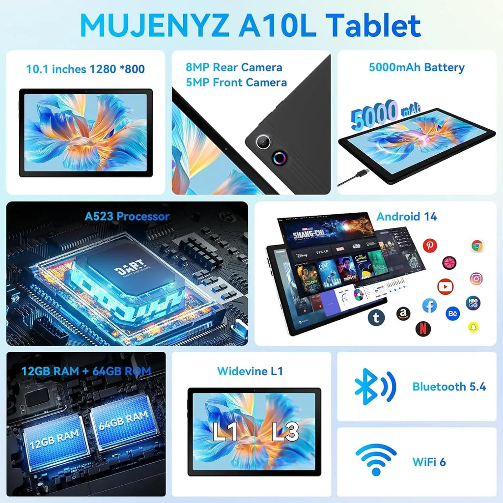 10Inch Tablet Android14 12GB RAM 64GB ROM Octa Core WiFi Dual Camera with Stylus Keyboard Mouse Headphones Case Computer PAD Set