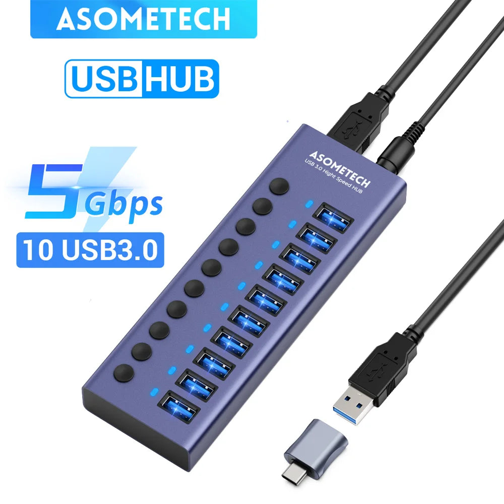 4/7/10 Ports USB 3.0 Hub Multiple Splitter 12V Power Adapter with On/off Switch USB Splitter High Speed Hub for MacBook Laptop Image principale du produit