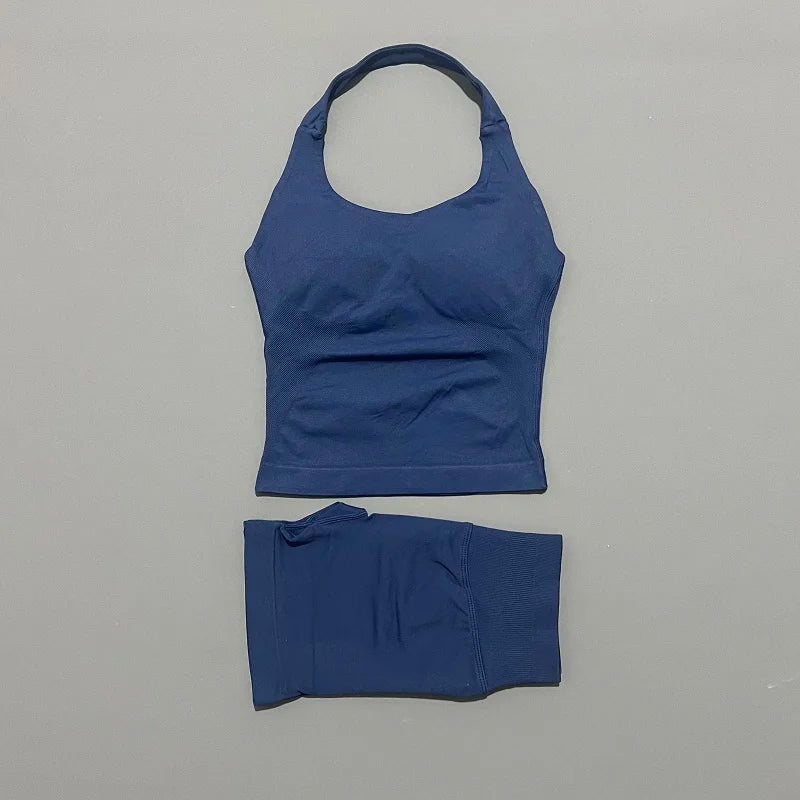 2pcs Sports Set Women Backless Tank Tops High Waist Scrunch Seamless Shorts Fitness Clothes Activewear Workout Sets Gym Suit