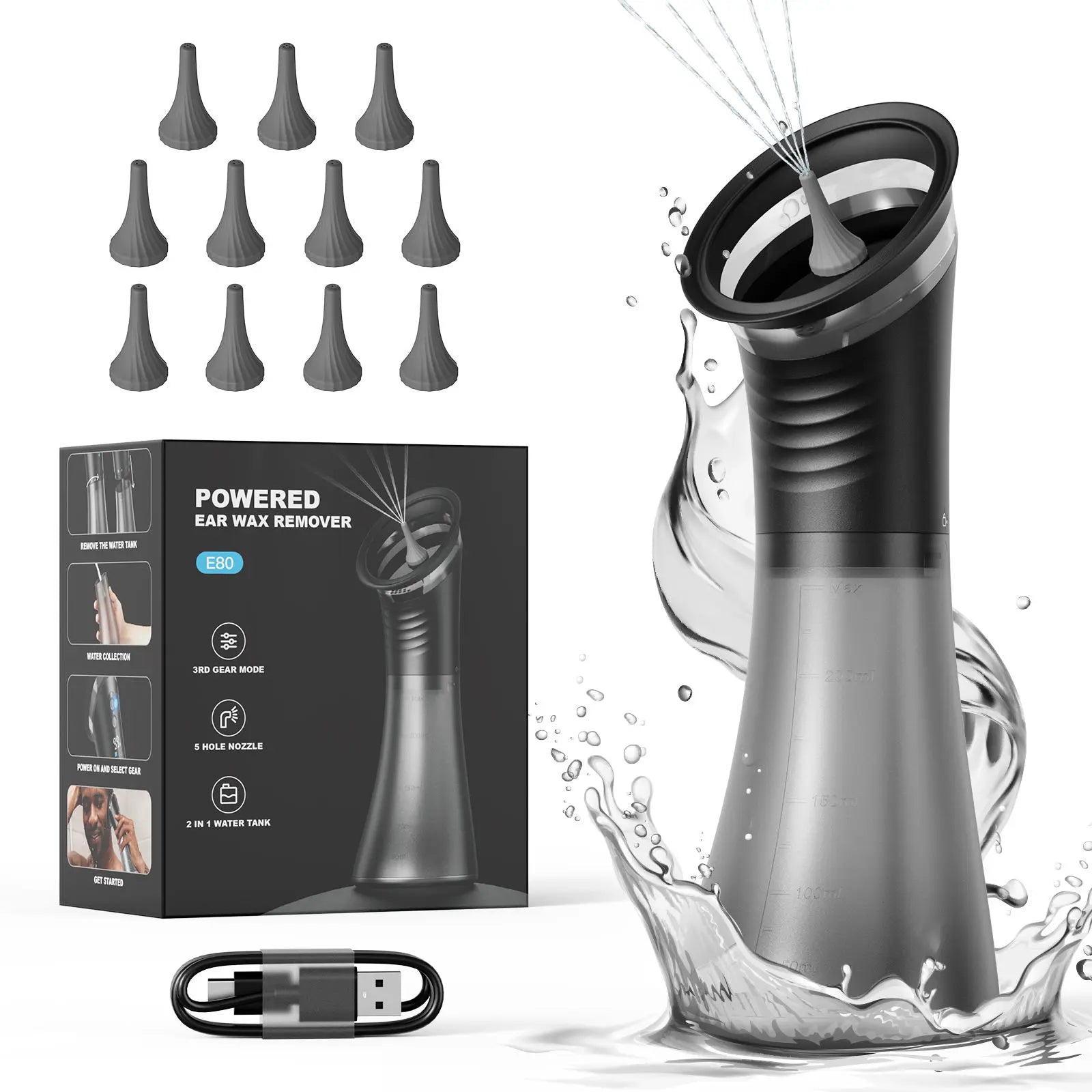 Electric Ear Wax Removal System Water Powered Ear Cleaning Tool with Irrigation Flusher 3 Pressure Settings Safe & Effective