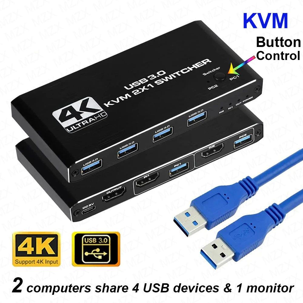 MZX 2-In-1-Out KVM Switch 4K 60Hz HDMI-compatible USB 3.0 Hub Switcher Docking Station Dock Computers PC Share Keyboard Printer