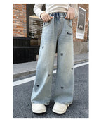 New 4-14 Years Spring Autumn Teenage Girls Jeans Full Print Bow Embroidery Fashion Wide-leg Denim Pants For Kids