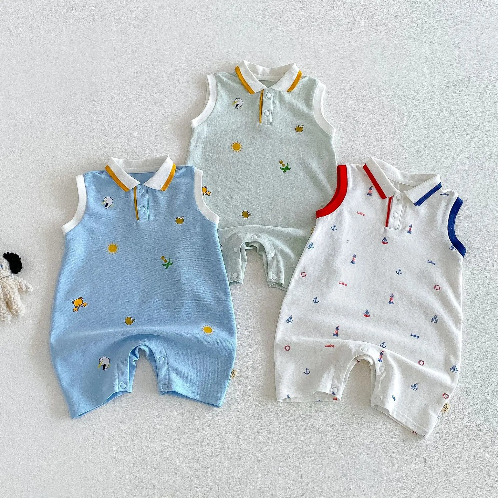 2026 New Summer 0-2Y Baby Clothes Cartoon Print Sleeveless Polo Romper Breathable Mesh Fabric with Placket Snap Closure Secondary image