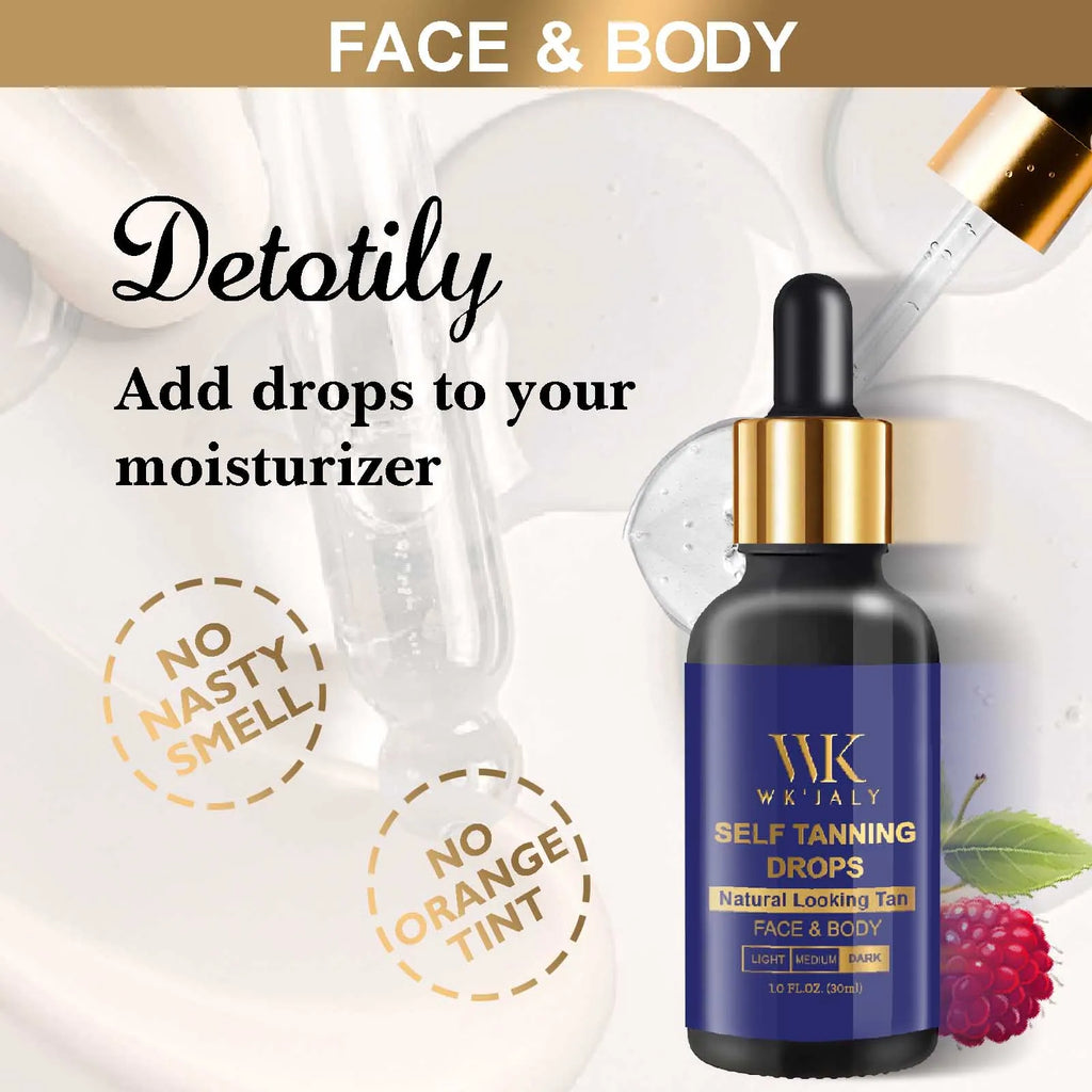WK JALY Dark Self Tan Drops, Natural Self Tanner, Face & Body Glow with DHA, Carrot Oil, Aloe, Buildable, Streak Free Tan, Vegan