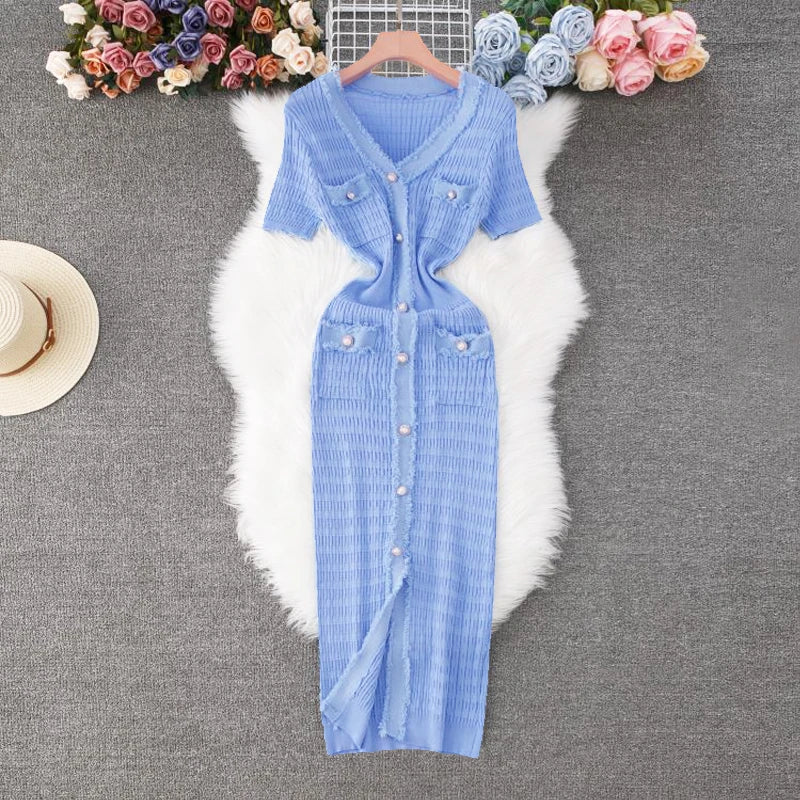 YuooMuoo 2026 New Arrival Women Knitted Long Dress Elegant V-neck Single-breasted Split Sweater Dress Office Lady Vestidos Main image