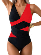 Spliced Color Women's Swimwear V-neck Cross Front Swimsuit Backless Bathing Suit Female Swimming Beach Wear