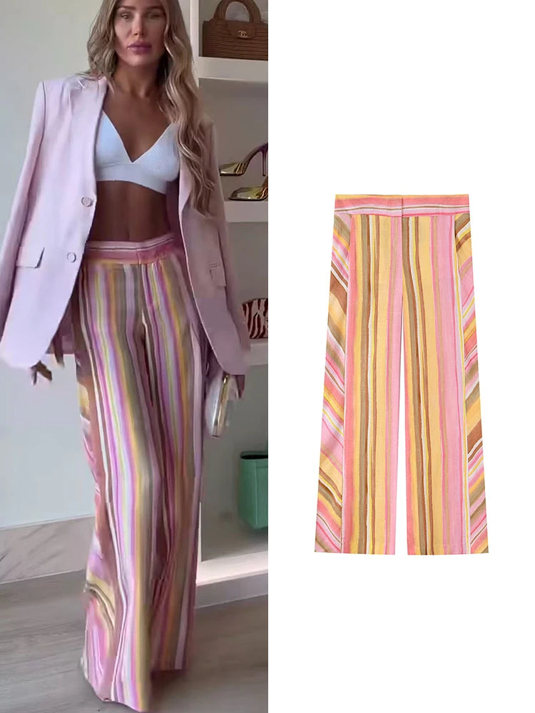 TFMLN New Women Pant Sweet Striped Straight Colorful Multicolor Wide Leg Long Pants Casual Fashion Streetwear Ladies Outfit Image principale du produit