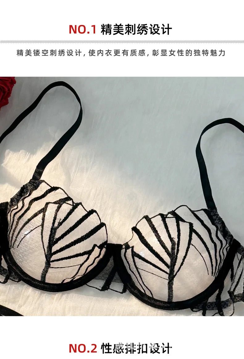 Black Lace Lingerie Set – Sheer Eyelash Mesh Push-Up Bra and Panty with Triangle Cup Design
