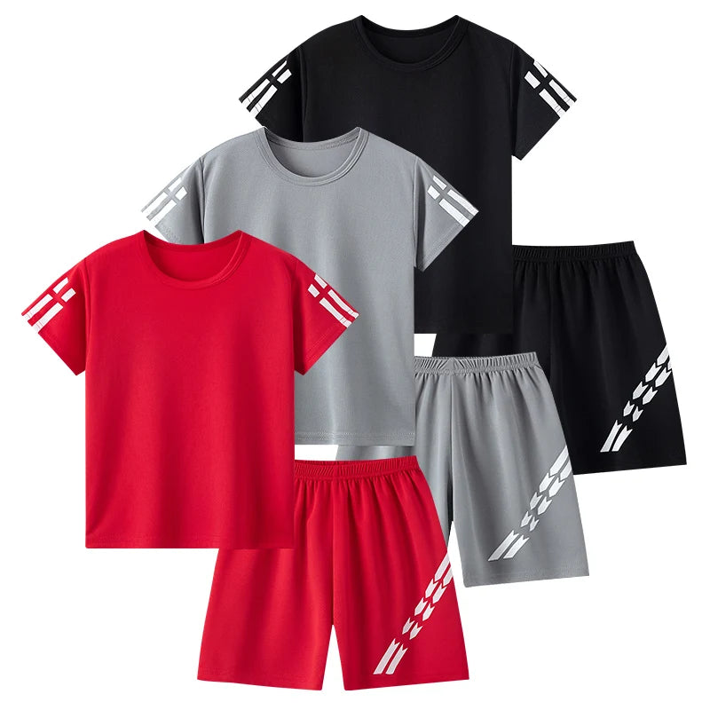2/4 Pcs Boys' Summer Solid Color Quick Drying Breathable Set Big Kids' Loose Sports Running Hiking Outdoor Short sleeved Shorts Image principale du produit