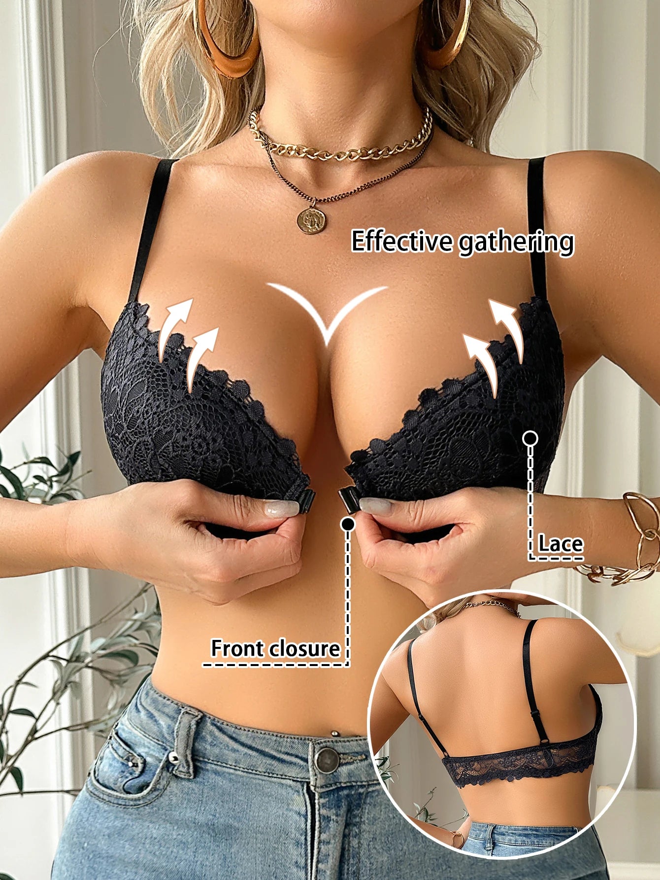 Modern Women's Lace Bra, Sexy Front-Clasp Push-Up Bra, Non-Padded, Breathable, Comfortable, Elegant, Sexy Lingerie Top Image principale du produit