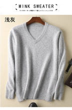 LHZSYY Men's 100% Mink Cashmere Large Size Sweaters Autumn Winter Solid V-neck Casual Knit Pullovers Men Long Sleeve Warm Jumper