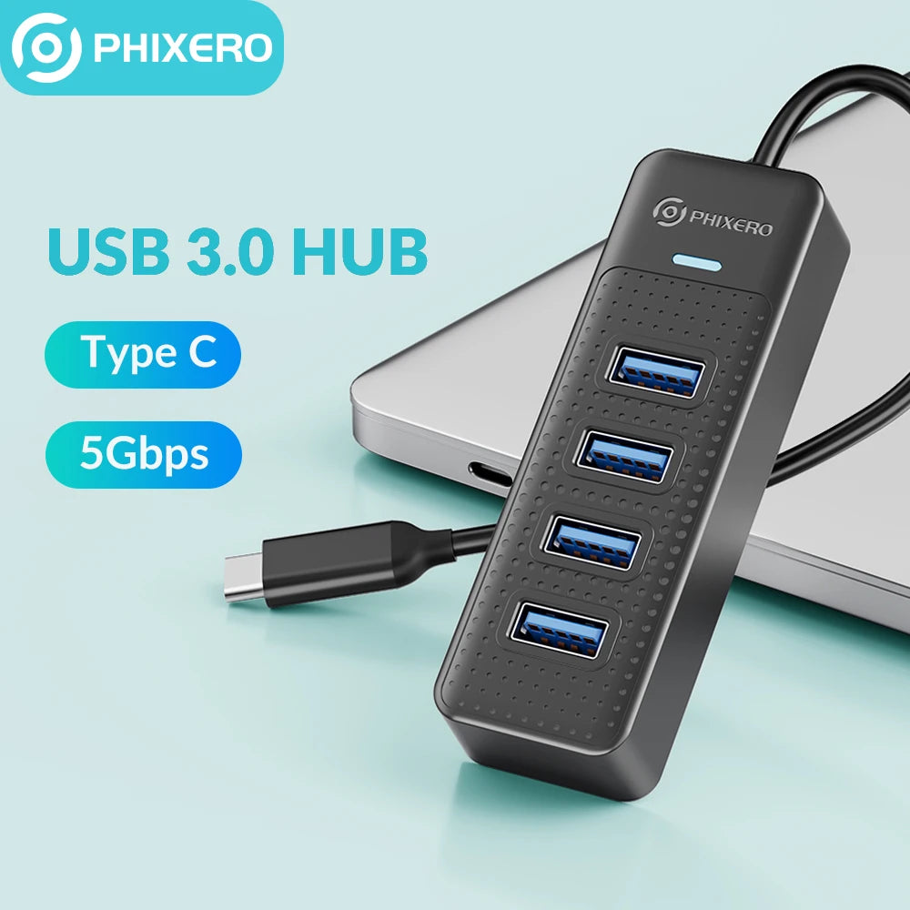 PHIXERO 4 Ports USB 3.0 HUB High Speed Type C Splitter 5Gbps For PC Computer Accessories Multiport USB Hub Adapter for Laptop Image principale du produit