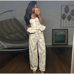 Elegant Floral Print Set Women Square Neck Sleeveless Ruffle Top Lace Up Floor Length Wide Leg Pants Sets Lady Casual Outfits