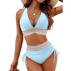 Sexy Deep V-Neck Bikini Swimsuit Set Women 2026 Summer Beach with Chest Cushion Swimwear High Waist Drawstring Triangle Bikini