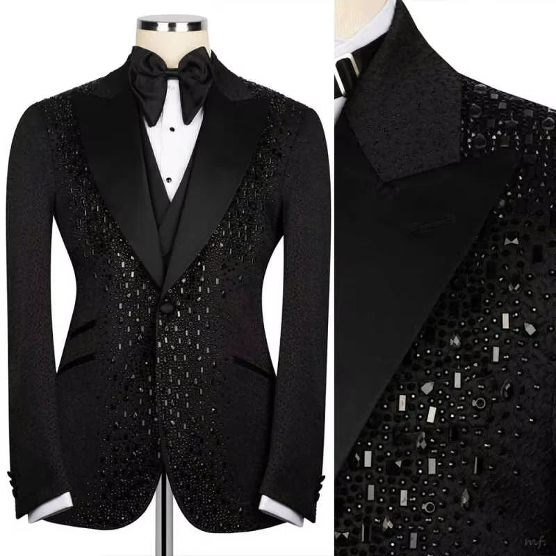 Luxury Suit 2 Pieces Set For Man Beading Tuxedos Lapel One Button Customized Blazer Casual Business Sequined Wedding Groom