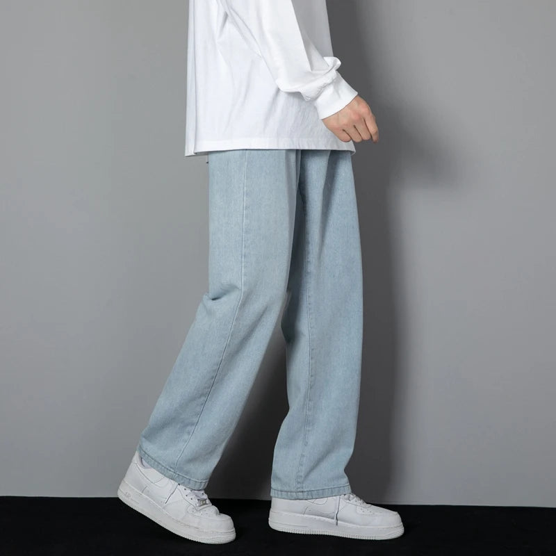 2026 New Korean Men's Casual Long Jeans Classic Man Straight Denim Wide-leg Pants Solid Color Light Blue Grey Black Image secondaire du produit