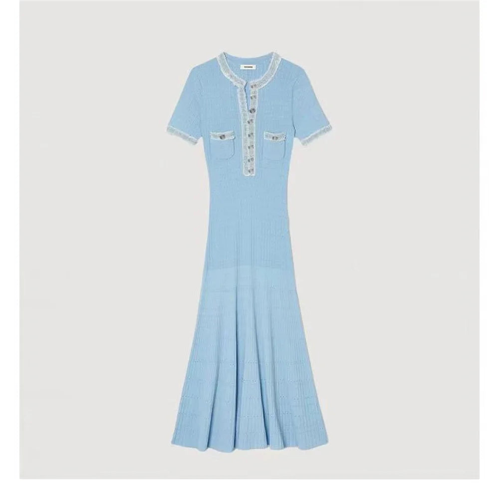 Elegant Contrasting Women Knit Maxi Dress Chic O-neck Short Sleeve Metal Buttons Bodycon Dresses Office Lady Commuting Robe