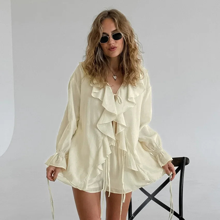 Casual Shorts Two-piece Set For Women Ruffled Loose Tie Top Simple Shorts Set OL Office Lady Summer Female Shorts Suit