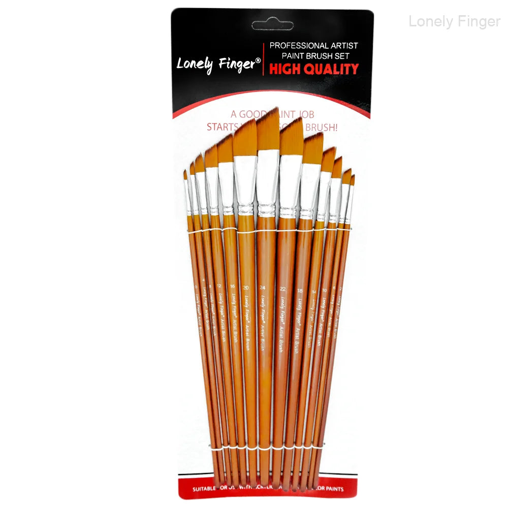 13 Pcs Long Handle Artist Paint Brush Set, 4 Tip Shapes :Pointed/Flat/Angled/Filbert for Multi-Media Art & Craft,Wooden Handle