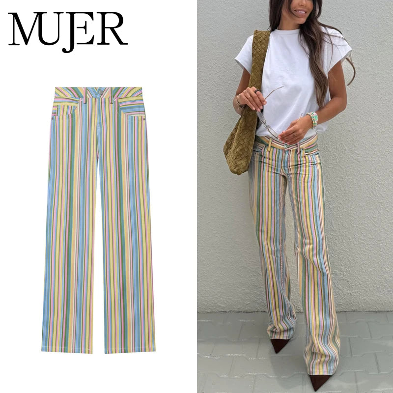 MUJER Striped Baggy Jeans Woman Low Rise Wide Leg Jeans Pants for Women New Boyfriend Jeans Women Straight Women's Denim Pants