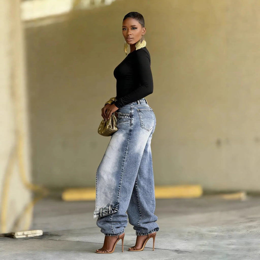 Jeans Women Vintage Wide Leg Pants Denims Washed Streetwear Patchwork Patches Straight Trousers Distressed Floor Length 2026