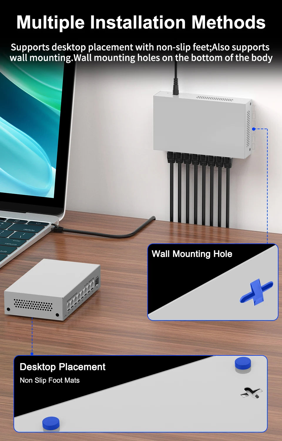 HORACO 2.5GbE Managed Switch 8 Port 2.5GBASE-T Network Switcher 10G SFP+ Slot Uplink Web Managed Hub Internet Splitter Fanless