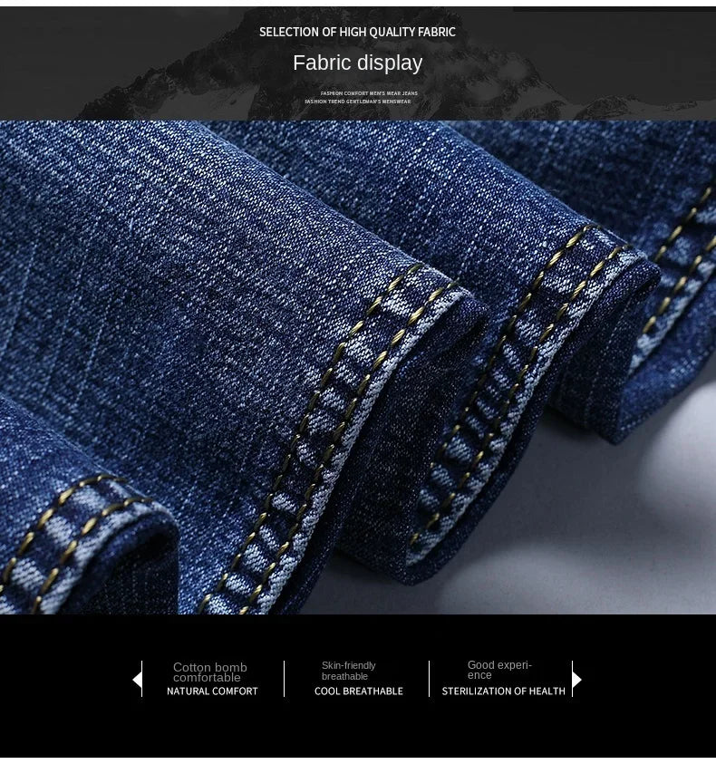 2024  Straight Regular Blue Stretch Denim Trousers Spring Autumn Men Classic Jeans Business Fashion Men's Smart Jeans