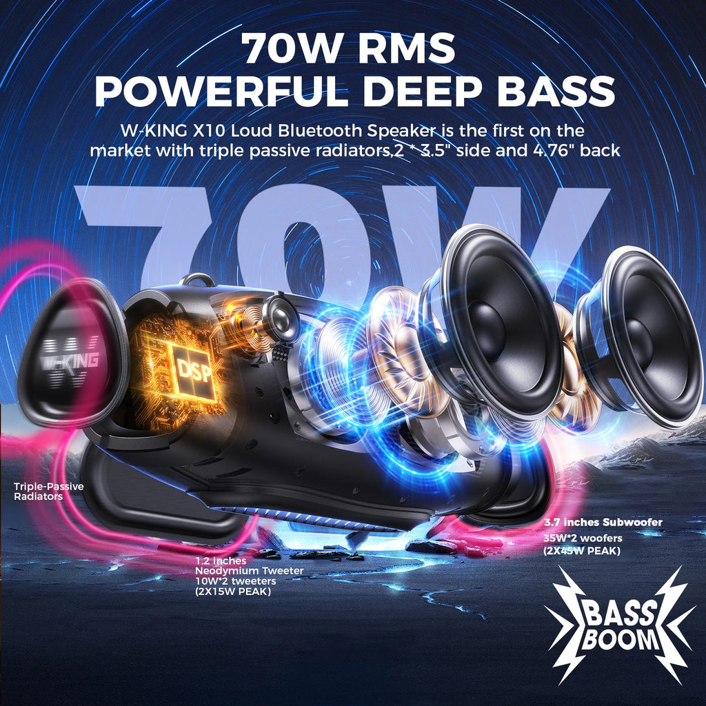W-KING (120W PEAK)70W Portable Loud Bluetooth Speakers with Wireless Microphone,  Waterproof Outdoor Wireless Bluetooth